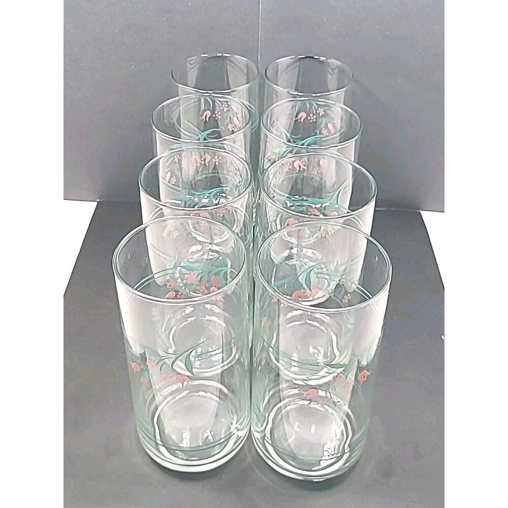 Vintage 8 Corelle Rosemarie Tea Glasses Tumblers 16 Oz Pink Flower Green Vine